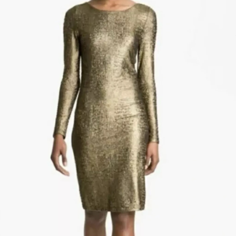 Alice and Olivia size small gold with sheer black back midi dress NWT stretch